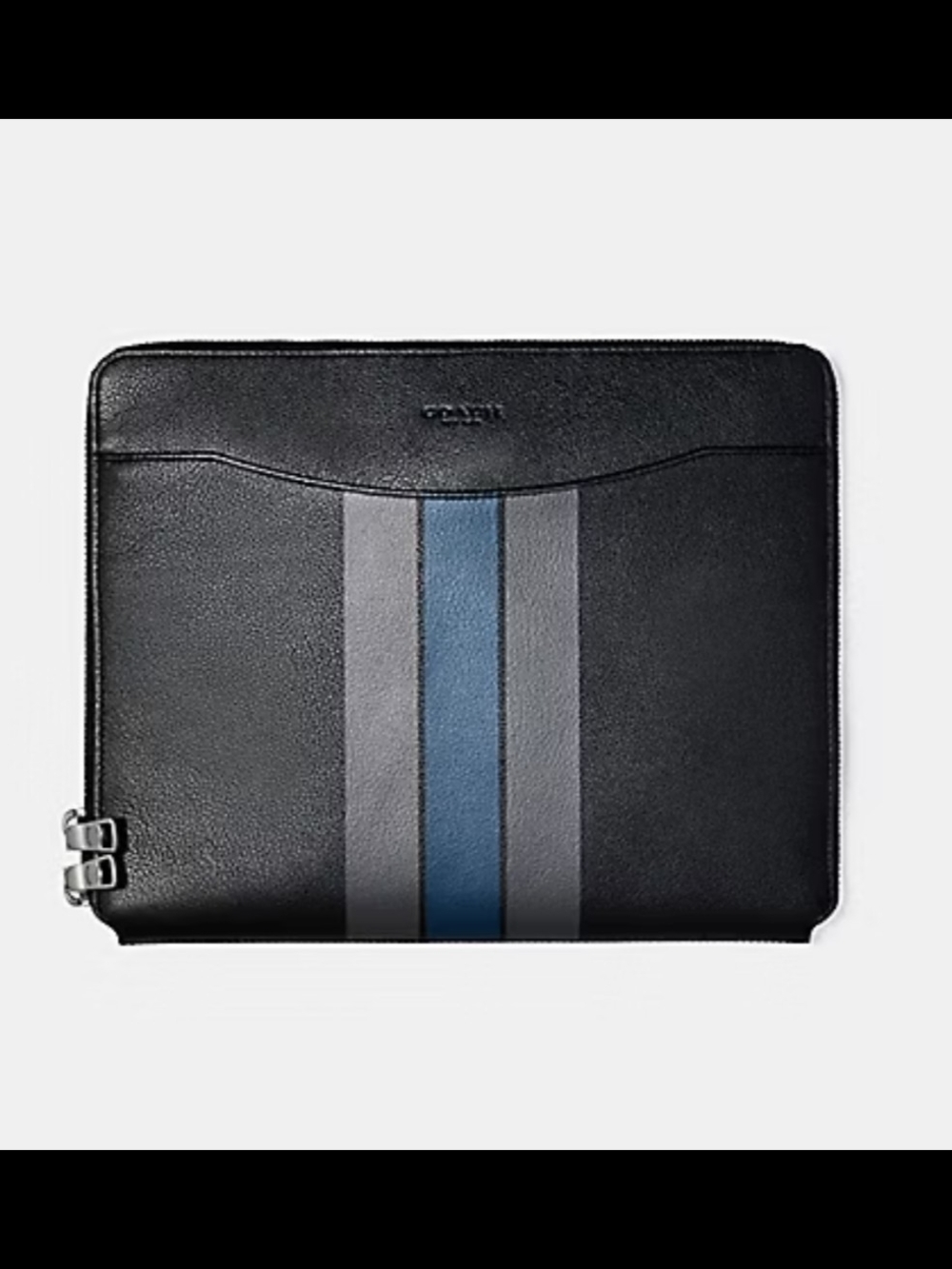 Coach Black Leather Laptop Folio with Blue & Gray Center Stripes